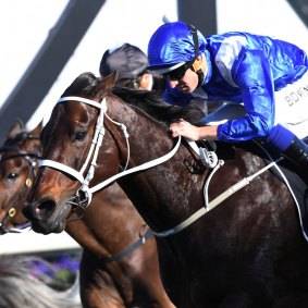 Ears back: Winx edges out Foxplay in the Warwick Stakes last year.