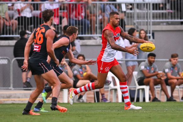 Lance Franklin on the run for the Swans in their practice match against the GWS Giants at Lavington Sports Ground.