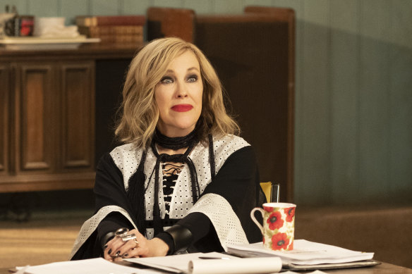 Catherine O'Hara frequently steals the show with her outrageous wigs, clothes, statements - and accent. 