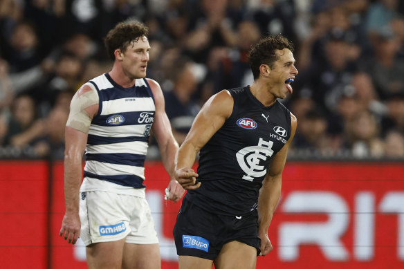 Ed Curnow celebrates a goal.