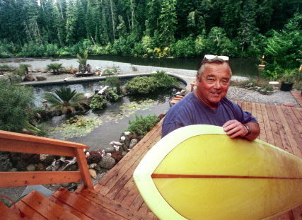 Surfing great Greg Noll on his deck at home that overlooks the Smith River near Crescent City.  