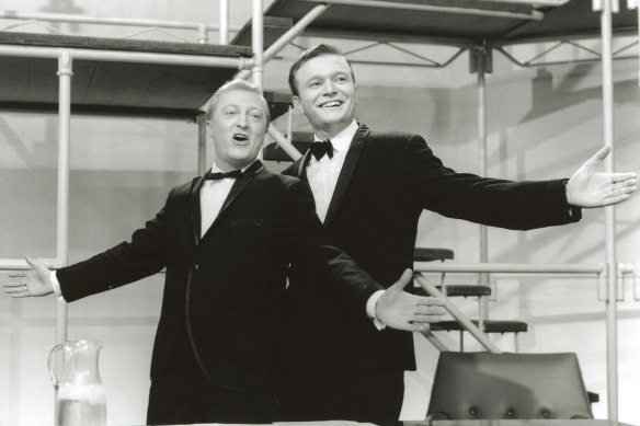 Graham Kennedy and Bert Newton on the set of In Melbourne Tonight, October 1964.