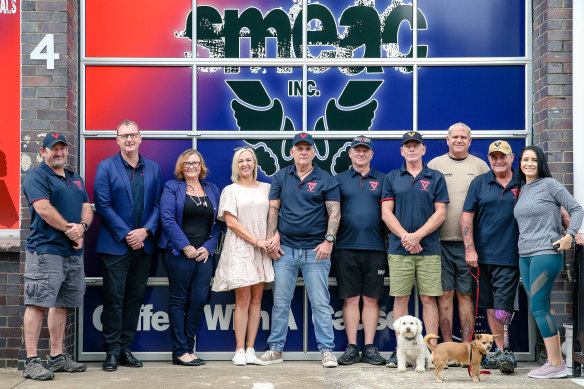 Veterans and supporters (from left) Craig Wilson, Aaron Langley, Kendal Morrison, Christine Jacobson, Tim Cuming, Glenn Cook, Steve Still, Mathew Bowden, Tony Dorney and Jaimee Mattic  at the veteran-run coffee shop, counselling and rehabilitation centre in Bowen Hills.