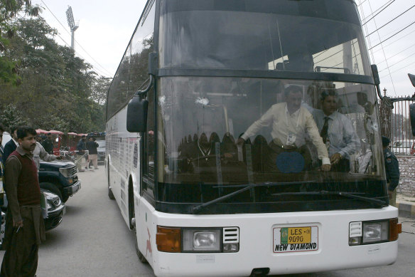 Bullet holes can be seen in the Sri Lankan team bus.