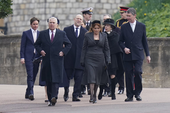 Members of the royal family, left to right, Edoardo Mapelli Mozzi, Prince Andrew, Mike Tindall, Sarah, Duchess of York, Princess Anne and Vice Admiral Sir Timothy Laurence, arrive to attend a thanksgiving service for the life of King Constantine of the Hellenes at St George’s Chapel, in Windsor Castle.
