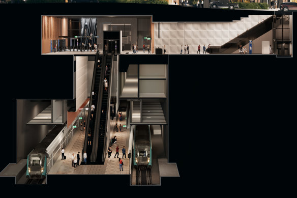 A render shows a side-on view of the underground Crows Nest station.