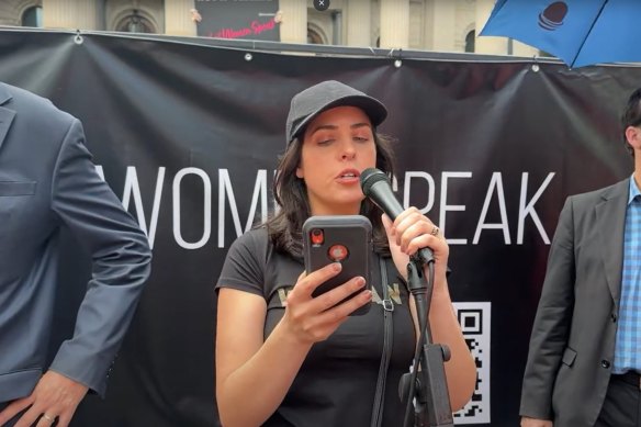 Liberal MP Moira Deeming speaks at Saturday’s anti-trans rights protest. 