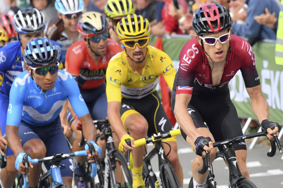 Nairo Quintana, left, rides alongside Julian Alaphilippe, centre, and Geraint Thomas, right, at the Tour de France last year. 
