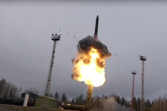 Undated footage from the Russian Defence Ministry shows an intercontinental ballistic missile being launched from a truck-mounted launcher. 