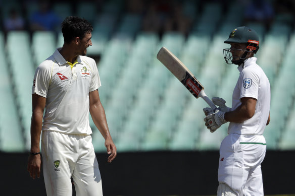 Australia’s Mitchell Starc and South Africa’s Theunis de Bruyn exchange words during the second Test.