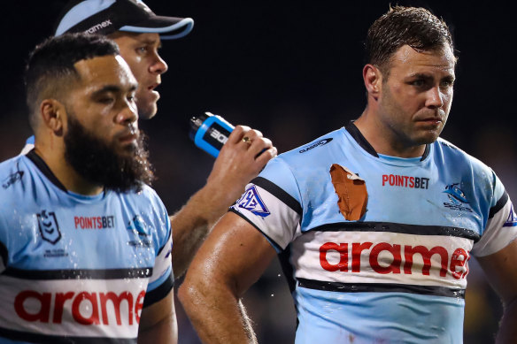 The turning point: Wade Graham and Siosifa Talakai during Cronulla’s loss to Penrith.