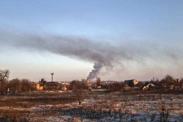Smoke rises after shelling in Soledar, the site of heavy battles with Russian forces in the Donetsk region.
