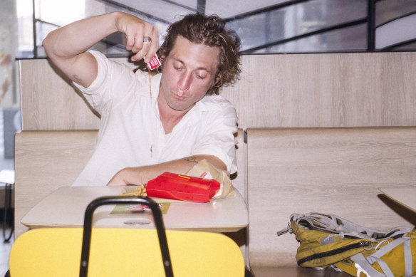 Saucy chef. Jeremy Allen White on location in New York City for Spectrum.