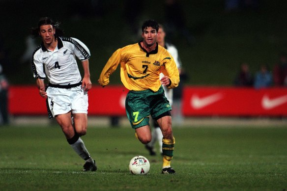 Foster in action for the Socceroos in 1997.
