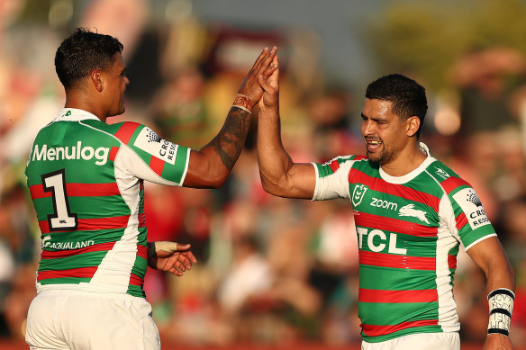 Souths strike weapons Latrell Mitchell and Cody Walker lit up Glen Willow Stadium on Saturday. 