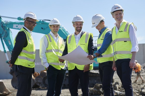 Centuria Capital general manager, Victoria, Mark Jones, Cadence managing director Charlie Buxton, Centuria head of industrial Jesse Curtis and Texco directors Tom Bull and Matthew Barker at the M80 Connect site.