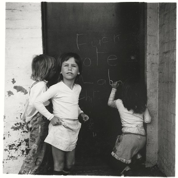 Gibb’s children, Sybil and Rupert, and Helen Garner’s daughter, Alice, graffiti Viva Gibb’s studio door.