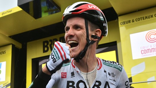 Patrick Konrad of Austria celebrates after winning the 16th stage of the Tour de France.