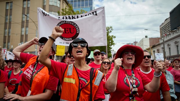 Protesters in the Melbourne CBD on Tuesday during the school strike. 