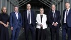 Bridget Fair, Free TV Australia CEO; Mike Sneesby, Nine CEO; Greg Hywood, Free TV Australia chair; Beverley McGarvey, Paramount executive vice president; David Anderson, managing director, ABC; and James Warburton, Seven West Media CEO after attending a Senate committee hearing.