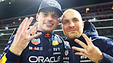 2024 F1 World Drivers Champion Max Verstappen of the Netherlands and Oracle Red Bull Racing celebrates with race engineer Gianpiero Lambiase in parc ferme during the F1 Grand Prix of Las Vegas at Las Vegas Strip Circuit on November 23, 2024 in Las Vegas, Nevada. (Photo by Mark Thompson/Getty Images)
