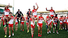 Retiring players Jarrad McVeigh, Kieren Jack, Heath Grundy, Nick Smith of the Swans and Lance Franklin of the Swans after playing his 300th match are chaired from the field during the round 23 AFL match between the Sydney Swans and the St Kilda Saints at Sydney Cricket Ground on August 24, 2019 in Sydney, Australia.
