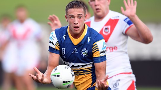 Jakob Arthur, son of Eels coach Brad, runs the ball during a pre-season trial.