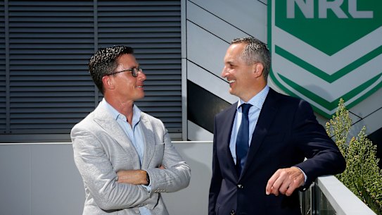 Swyftx chief executive Ryan Parsons with NRL boss Andrew Abdo at the announcement of the landmark cryptocurrency sponsorship.
