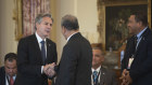 Secretary of State Antony Blinken, left, greets dignitaries from Pacific Island countries during the US-Pacific Island Country Summit at the State Department in Washington.