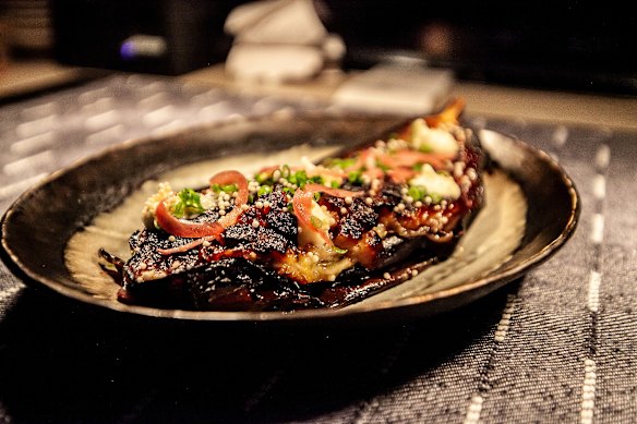Miso eggplant with pickle onion and rice pearls.