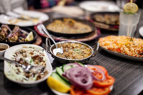 Samosa chaat, butter chicken, biriyani rice.