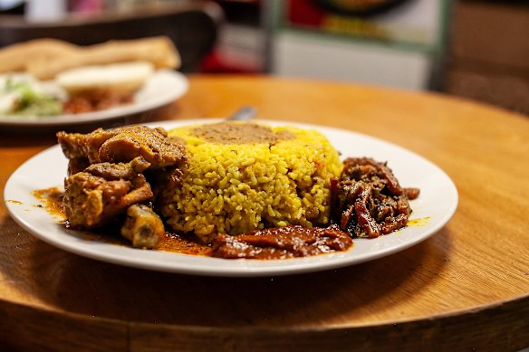 Goat curry with khichuri rice.