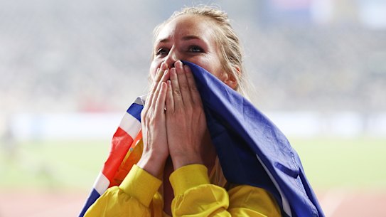 Kelsey-Lee Barber celebrates her gold medal.