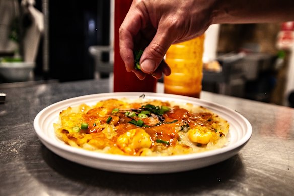Taiwanese-style prawn omelette is golden and fluffy in all the right places.