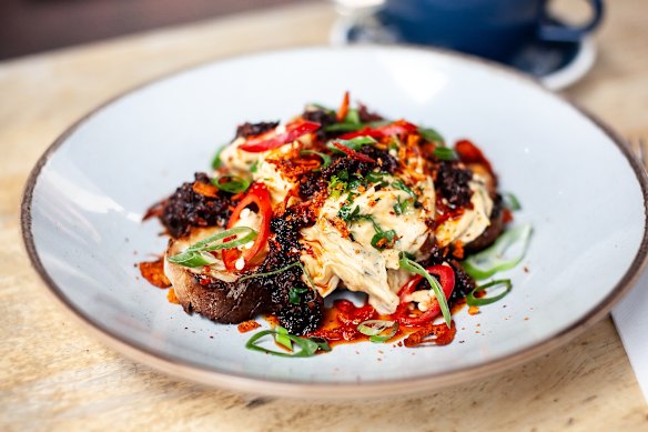 The chilli scrambled eggs are coaxed into glossy curds with XO sauce, sliced chillis and spring onions.