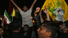 Demonstrators in front of the British embassy in Tehran as news breaks of Iran’s missile strikes on Israel. 