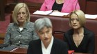 Labor’s Senate leader team Katy Gallagher, Penny Wong and Kristina Keneally in Parliament on Monday.