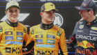 McLaren driver Lando Norris (centre) has taken pole position, beating teammate Oscar Piastri (left) and Max Verstappen (right).