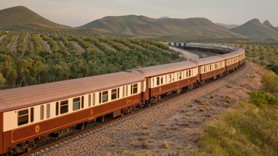 The long and luxurious train, all 450 metres of it, with two locomotives to move the 15 cars.