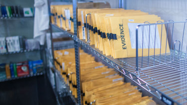 Evidence envelopes sit in a locked evidence room in the Microsoft Digital Crimes Unit.