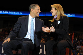 Then senator Barack Obama talks to Caroline Kennedy at a rally in Meadowlands, New Jersey, in 2008.