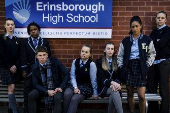 Neighbours: Erinsborough High cast, from left, Olivia Lane (Grace O'Sullivan), Jeremiah (Darius Amarfio-Jefferson), Hendrix (Ben Turland), Harlow (Jemma Donovan), Mackenzie (Georgie Stone),  Yashvi (Olivia Junkeer) Ritchie (Lachlan Millar).