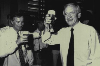 Opposition leader Andrew Peacock and Deputy Fred Chaney examine the beer at the Matilda Bay brewery in Perth. February 27, 1990.