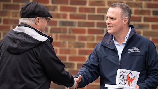 Tim Wilson at a pre polling booth in Brighton on Wednesday