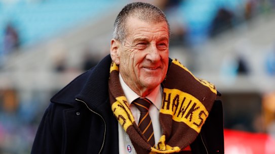 HOBART, AUSTRALIA - JULY 23: Jeff Kennett, President of the Hawthorn Football Club celebrates during the 2022 AFL Round 19 match between the North Melbourne Kangaroos and the Hawthorn Hawks at Blundstone Arena on July 23, 2022 in Hobart, Australia. (Photo by Dylan Burns/AFL Photos via Getty Images)