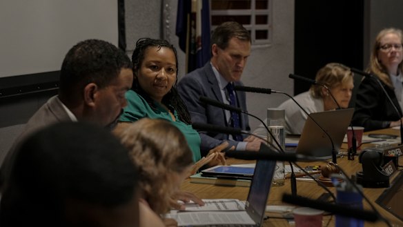 Mayor Nikuyah Walker, centre, at a meeting in Charlottesville in May.