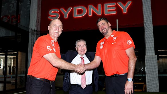 Swans chairman Andrew Pridham (centre) with ex-coach John Longmire (left) and his replacement Dean Cox.