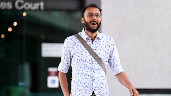 Brisbane city councillor Jonathan Sri reacts outside the Brisbane Magistrates Court.