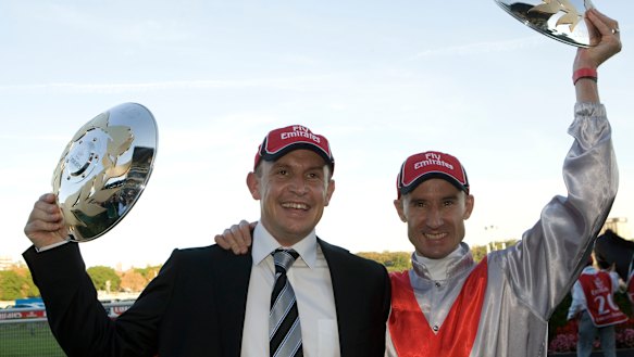Game changer: Chris Waller and jockey Glen Boss celebrate Triple Honour's Doncaster win in 2008, Waller's first group 1.