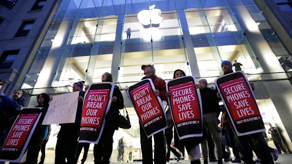 Protesters outside an Apple store in Boston in 2016 after the FBI obtained a court order requiring Apple to make it easier to unlock the encrypted iPhone of the gunman in the San Bernardino mass shooting. 